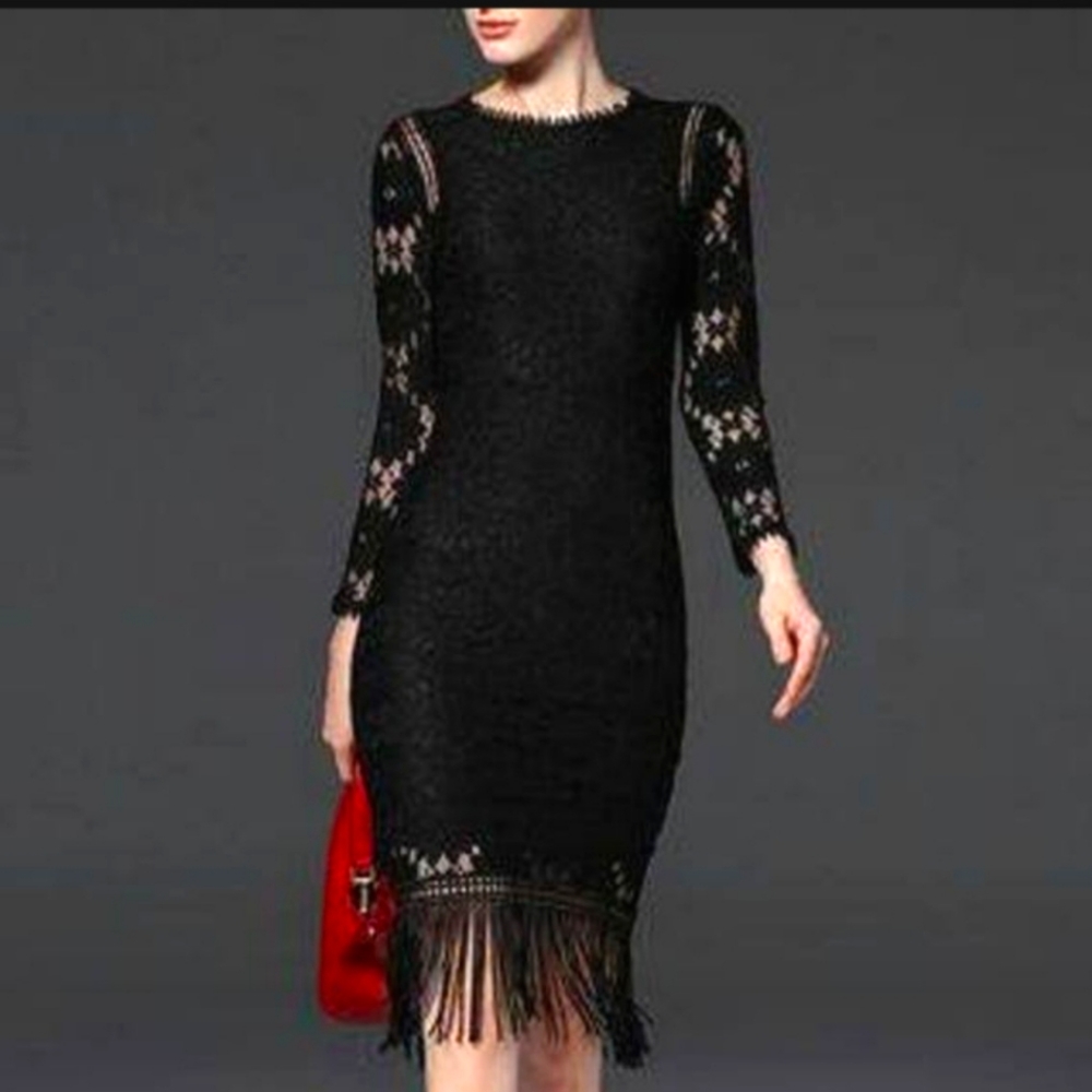 Vicky and Lucas black long sleeve lace fringe Goth Chic Wedding Guest dress